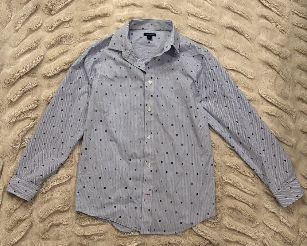 Tommy Hilfiger Boys Blue Striped H Monogram Long Sleeve Button Down Size 16